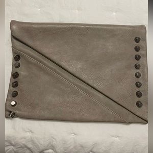 Grey distressed oversized clutch with removable chain and silver grommets